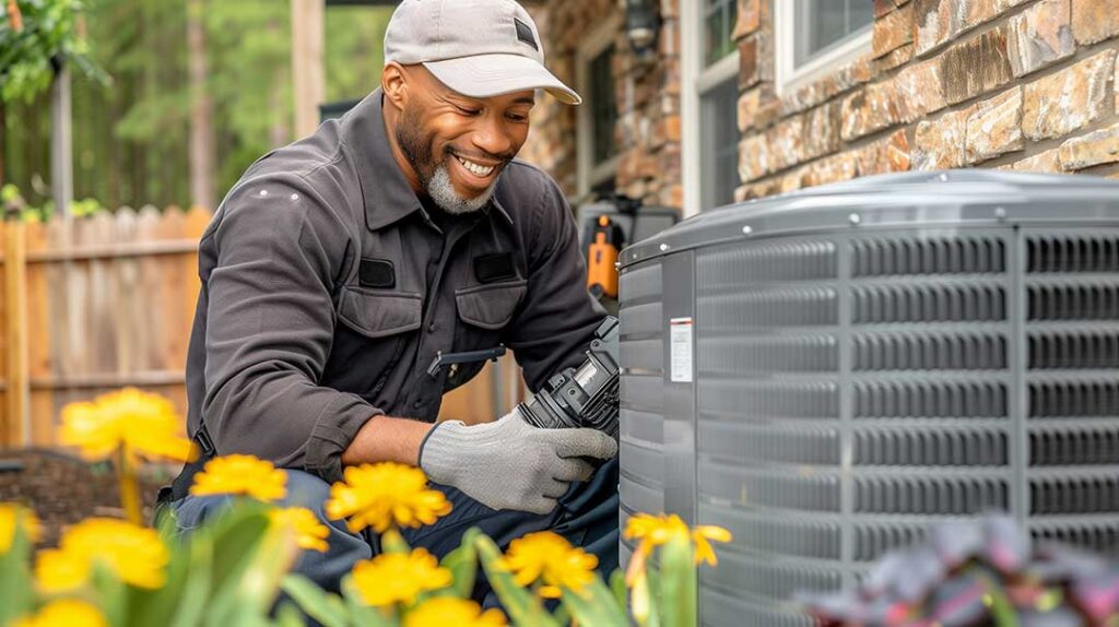A homeowner checks an HVAC filter beside a return-air grille in a clean, well-lit living room.